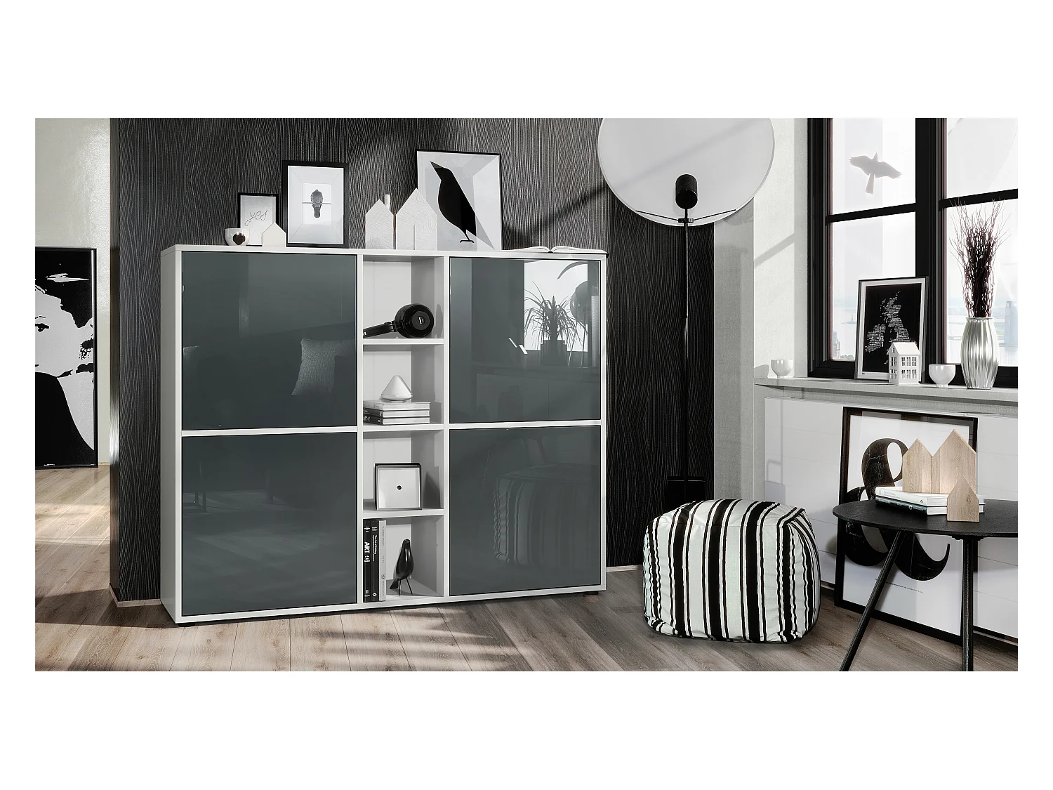 Highboard Cuba V3, blanc mat/gris haute brillance - Buffet moderne à 12 compartiments (130,5 x 105,5 x 35,5 cm)