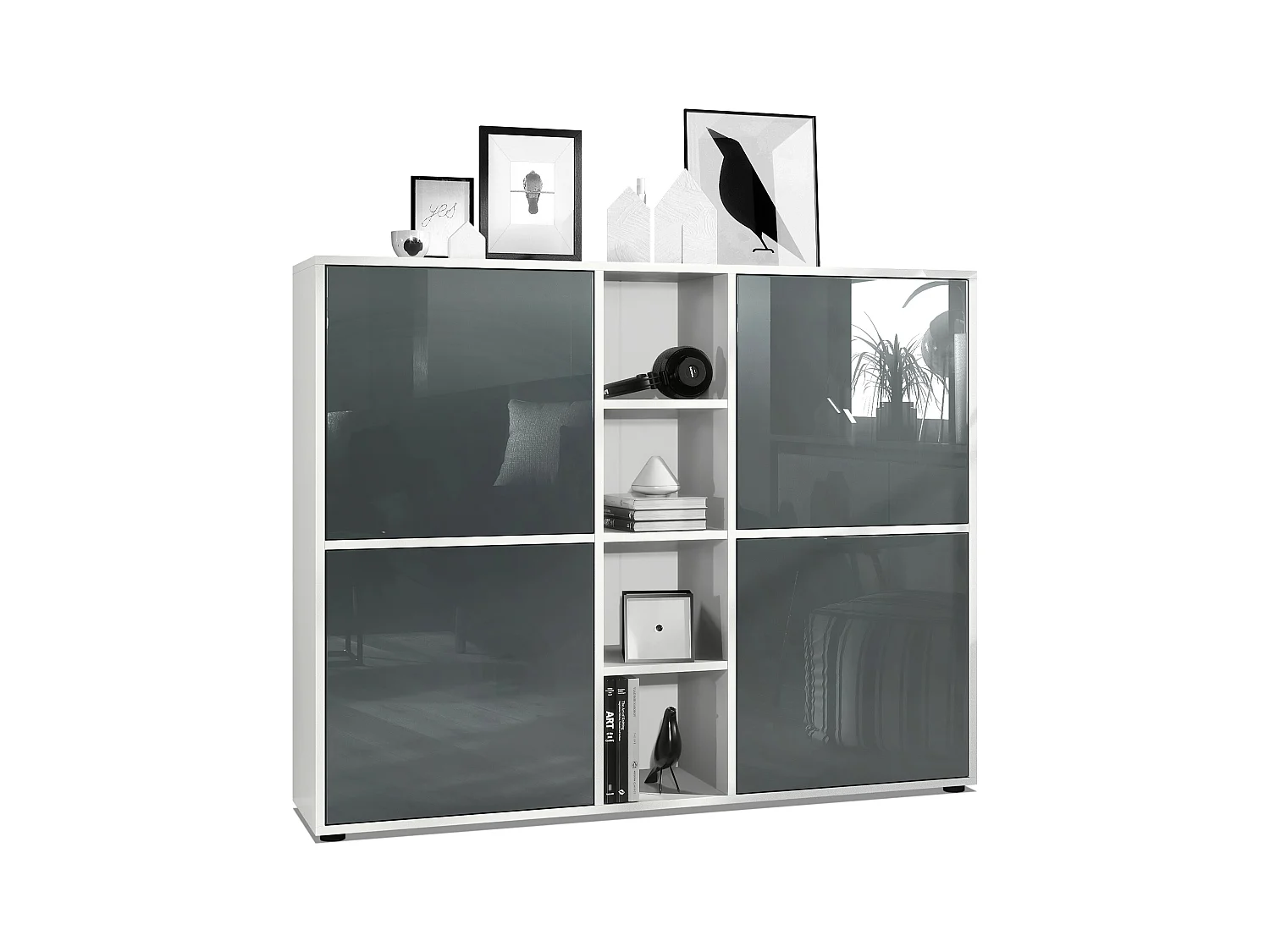Highboard Cuba V3, blanc mat/gris haute brillance - Buffet moderne à 12 compartiments (130,5 x 105,5 x 35,5 cm)