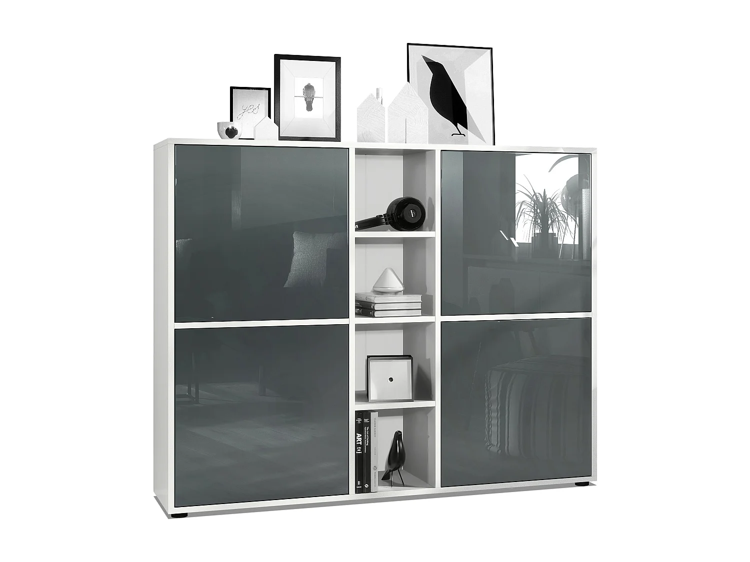 Vladon Credenza Cuba V3, bianco opaco/grigio lucido - Credenza moderna con 12 scomparti (130,5 x 105,5 x 35,5 cm)