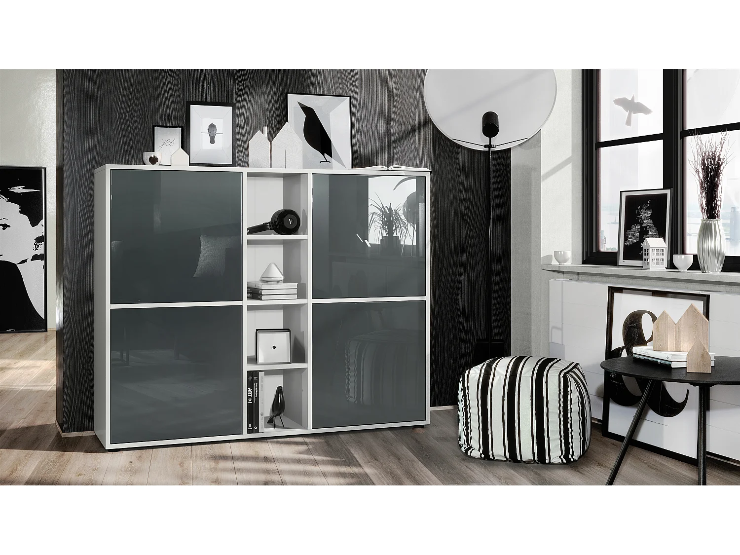 Vladon Credenza Cuba V3, bianco opaco/grigio lucido - Credenza moderna con 12 scomparti (130,5 x 105,5 x 35,5 cm)