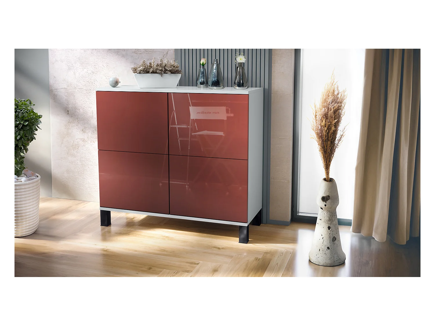 Buffet Rova V3 – Meuble de cuisine moderne avec 4 portes Push-to-Open blanc mat / bordeaux haute brillance (92,5 x 84.5 x 35)