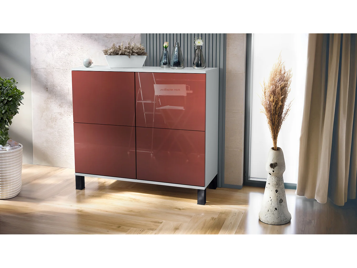 Credenza Rova V3 – Mobile da cucina moderno con 4 ante Push-to-Open bianco opaco / bordeaux lucido (92,5 x 84.5 x 35)