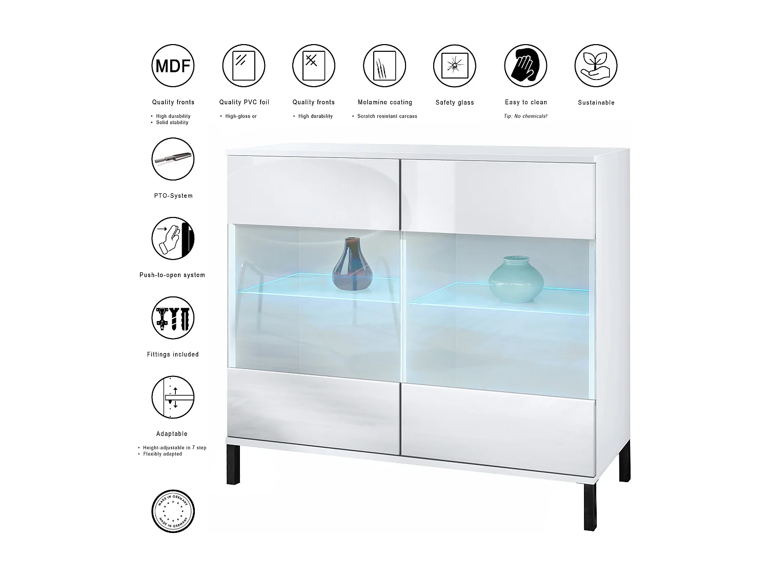 Commode Bari V3, Armoire de cuisine moderne avec 2 grandes portes vitrées incl. éclairage RGB blanc mat / gris haute brillance (92,5 x 83.5 x 35)