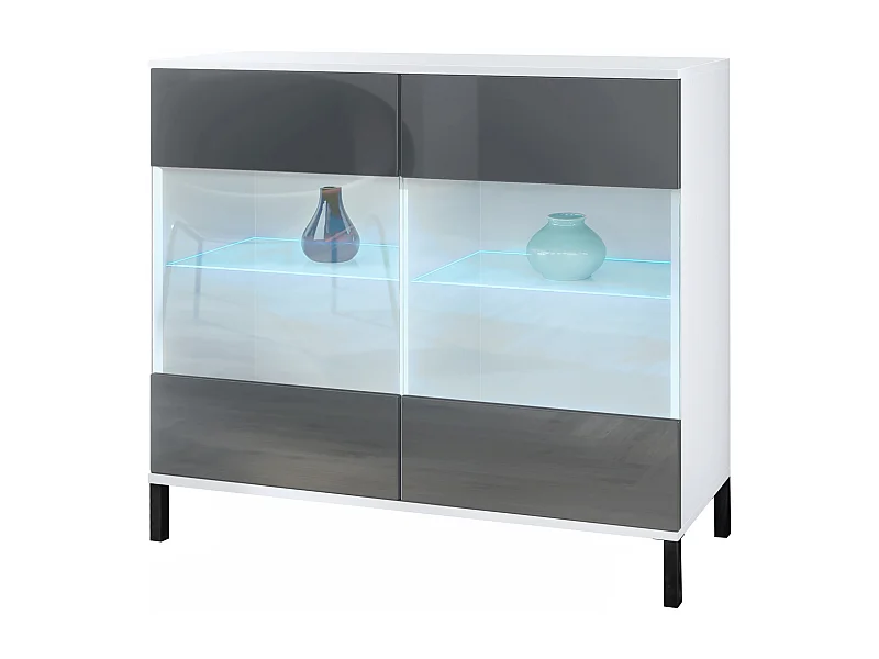 Cassettiera Bari V3, Mobile da cucina moderno con 2 grandi ante in vetro incl. illuminazione RGB bianco opaco / grigio lucido (92,5 x 83.5 x 35)