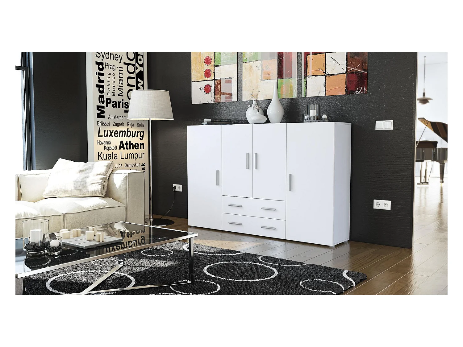 Le Buffet Haut Nora bahut avec 2 tiroirs et 4 portes avec un total de 8 compartiments derrière, blanc mat/blanc mat (166,5 x 106,5 x 35 cm)