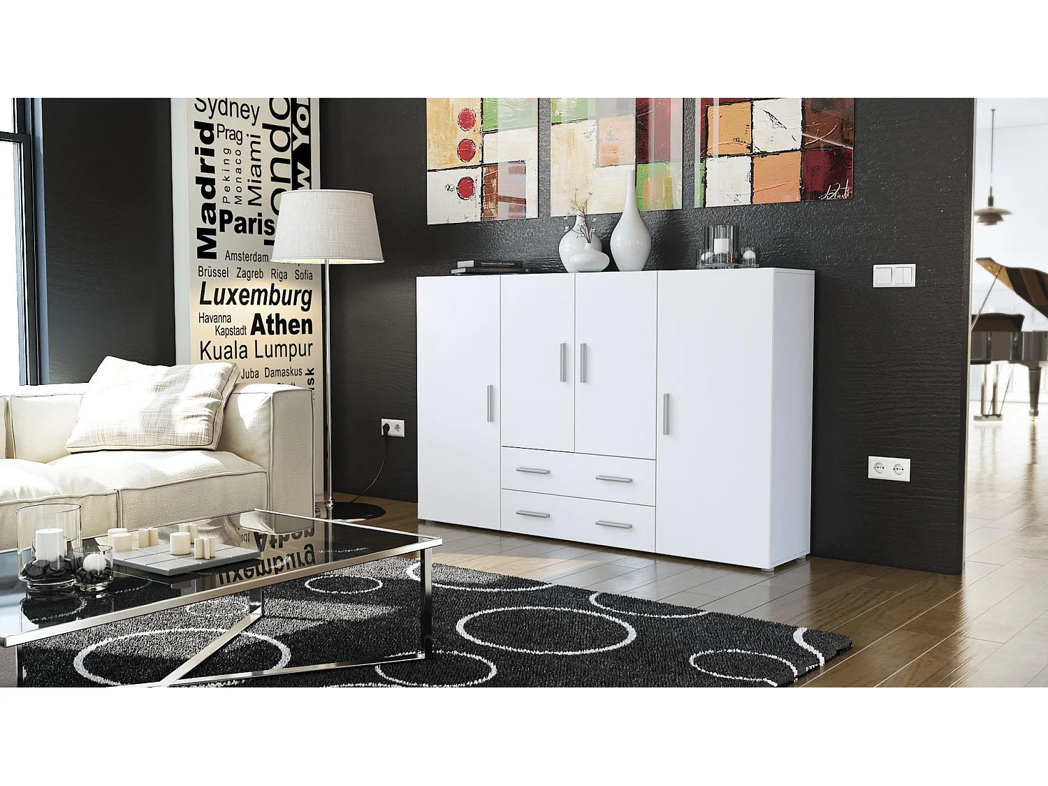 Highboard Nora Sideboard with 2 drawers and 4 doors with a total of 8 compartments behind, bianco opaco/bianco opaco (166.5 x 106.5 x 35 cm)