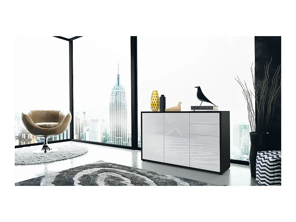 Buffet Ben V3, Commode avec 3 portes et 2 tiroirs, Noir mat/Blanc haute brillance (117 x 74 x 36 cm)