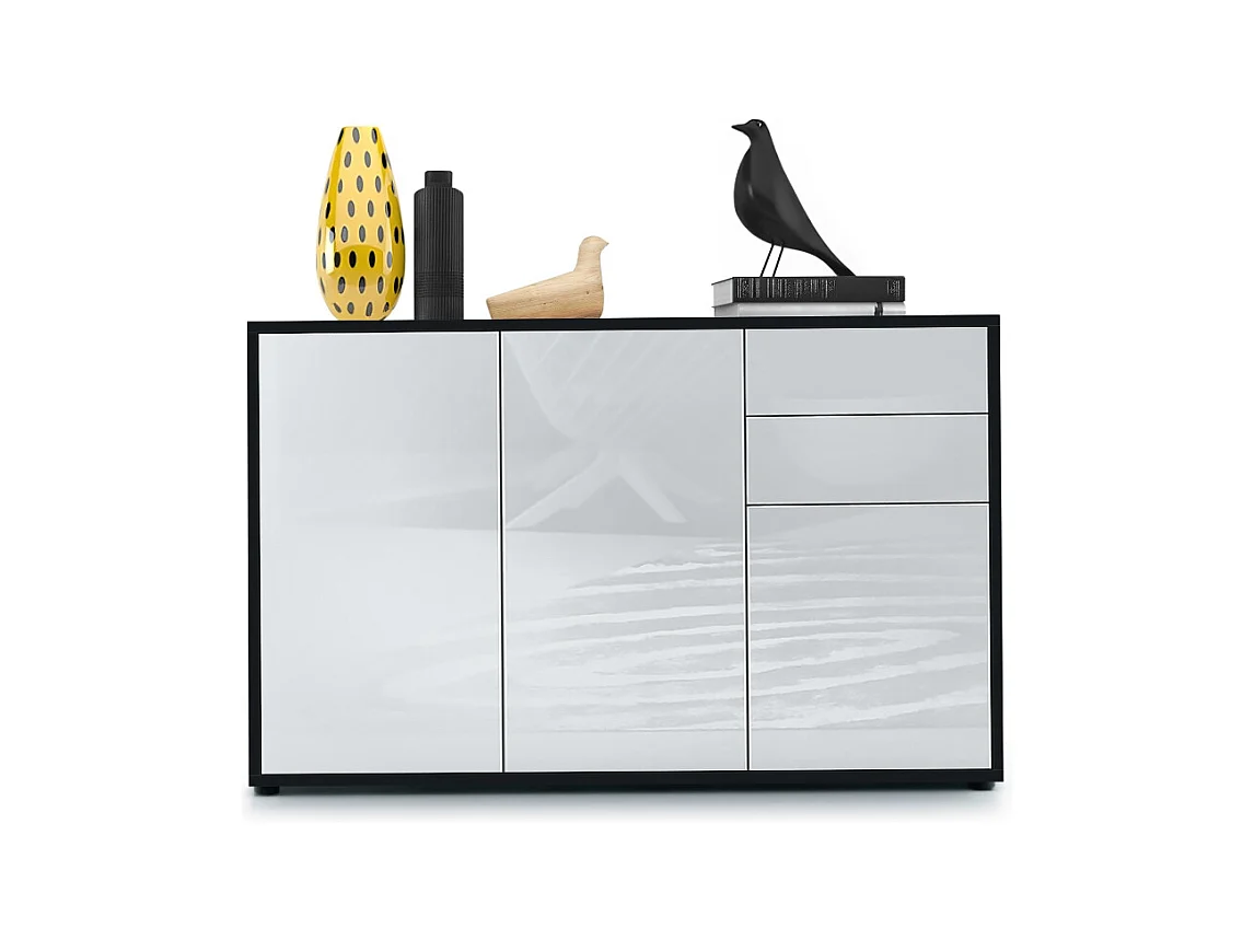 Buffet Ben V3, Commode avec 3 portes et 2 tiroirs, Noir mat/Blanc haute brillance (117 x 74 x 36 cm)
