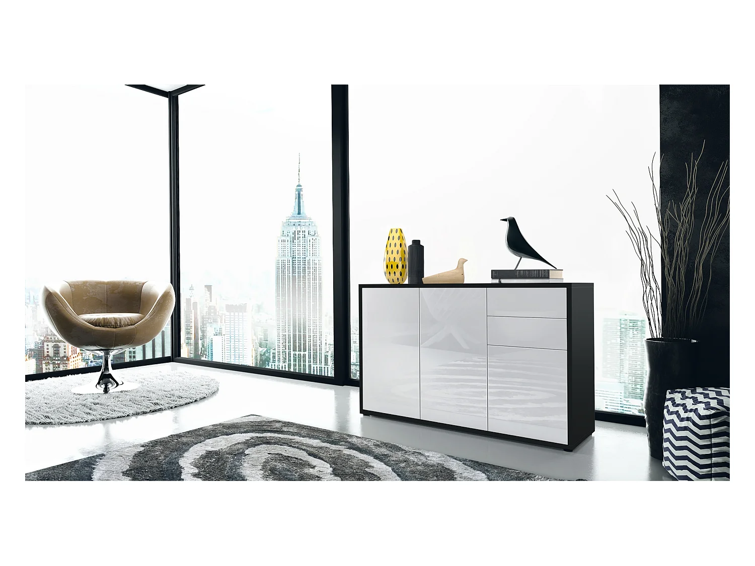 Buffet Ben V3, Commode avec 3 portes et 2 tiroirs, Noir mat/Blanc haute brillance (117 x 74 x 36 cm)