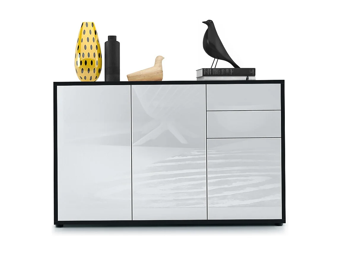 Buffet Ben V3, Commode avec 3 portes et 2 tiroirs, Noir mat/Blanc haute brillance (117 x 74 x 36 cm)