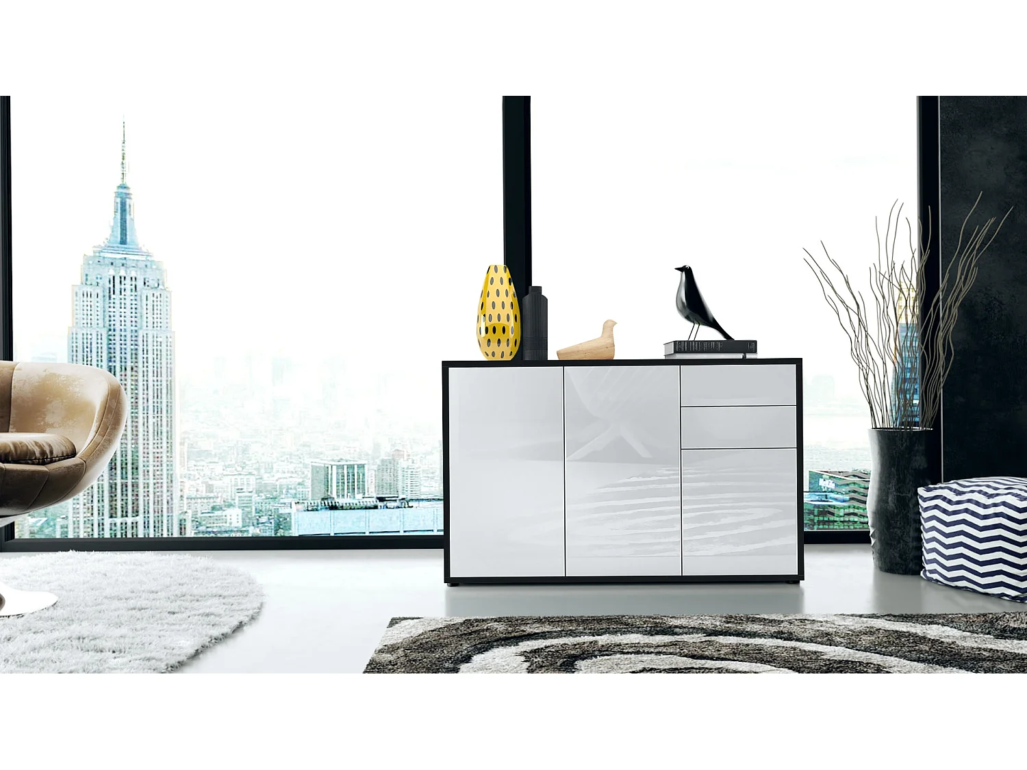 Buffet Ben V3, Commode avec 3 portes et 2 tiroirs, Noir mat/Blanc haute brillance (117 x 74 x 36 cm)