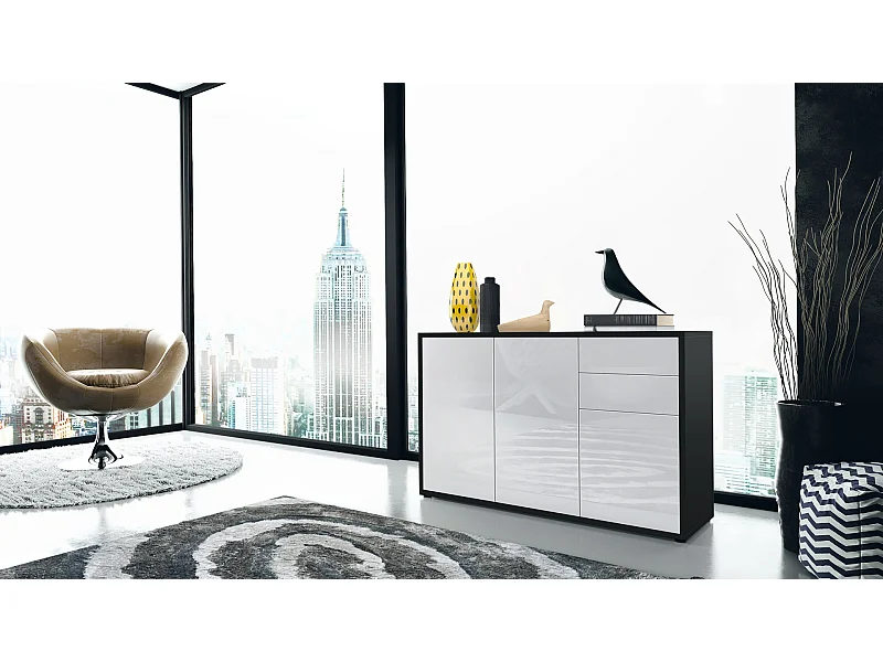 Buffet Ben V3, Commode avec 3 portes et 2 tiroirs, Noir mat/Blanc haute brillance (117 x 74 x 36 cm)