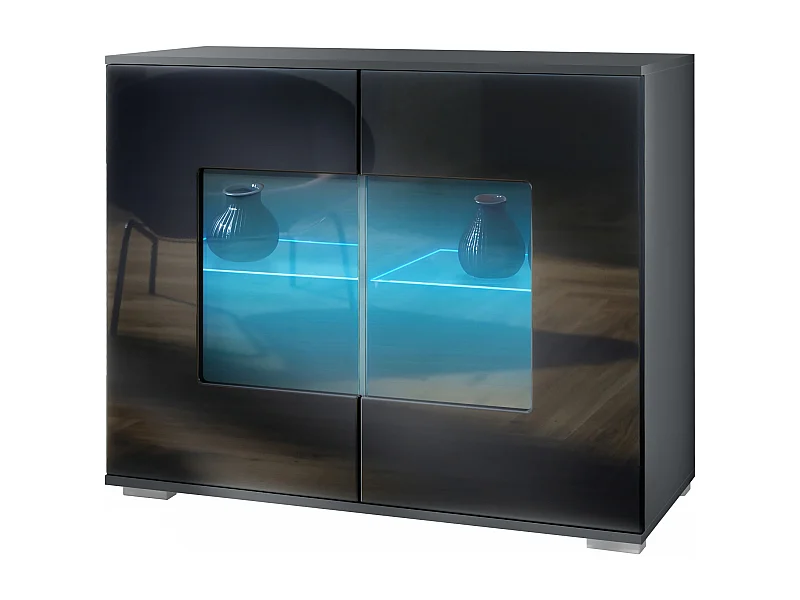 Commode Grömitz V3, Armoire de cuisine moderne avec 2 grandes portes vitrées incl. éclairage RGB anthracite mat / noir haute brillance (92,5 x 75.5 x 35)