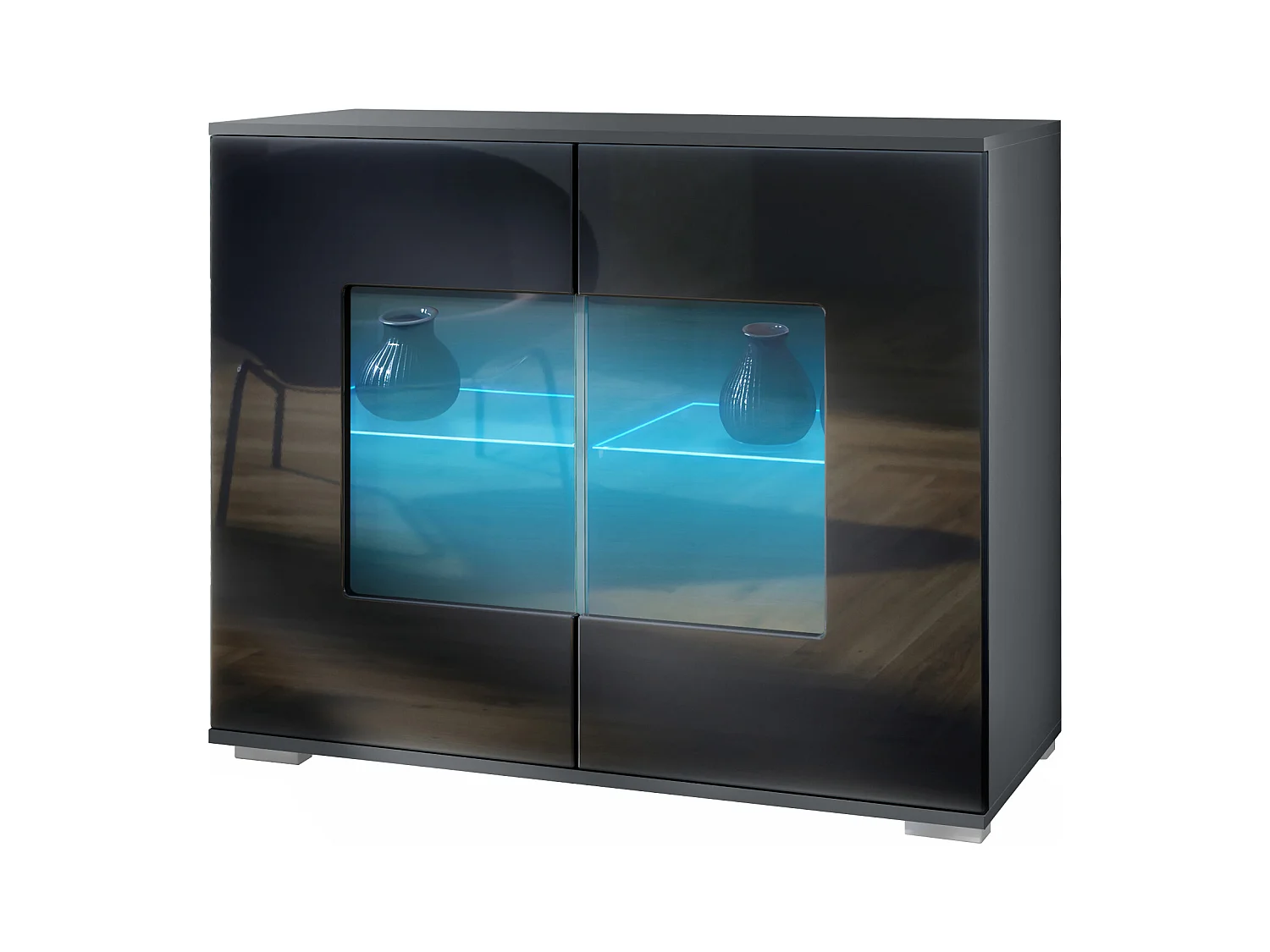 Commode Grömitz V3, Armoire de cuisine moderne avec 2 grandes portes vitrées incl. éclairage RGB anthracite mat / noir haute brillance (92,5 x 75.5 x 35)