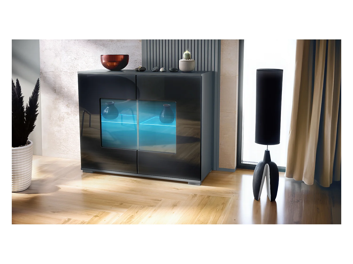 Commode Grömitz V3, Armoire de cuisine moderne avec 2 grandes portes vitrées incl. éclairage RGB anthracite mat / noir haute brillance (92,5 x 75.5 x 35)