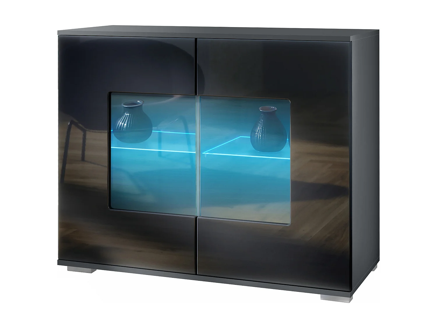 Cómoda Grömitz V3, Moderno armario de cocina con 2 grandes puertas de cristal incl. iluminación RGB antracita mate / negro de alto brillo (92,5 x 75.5 x 35)