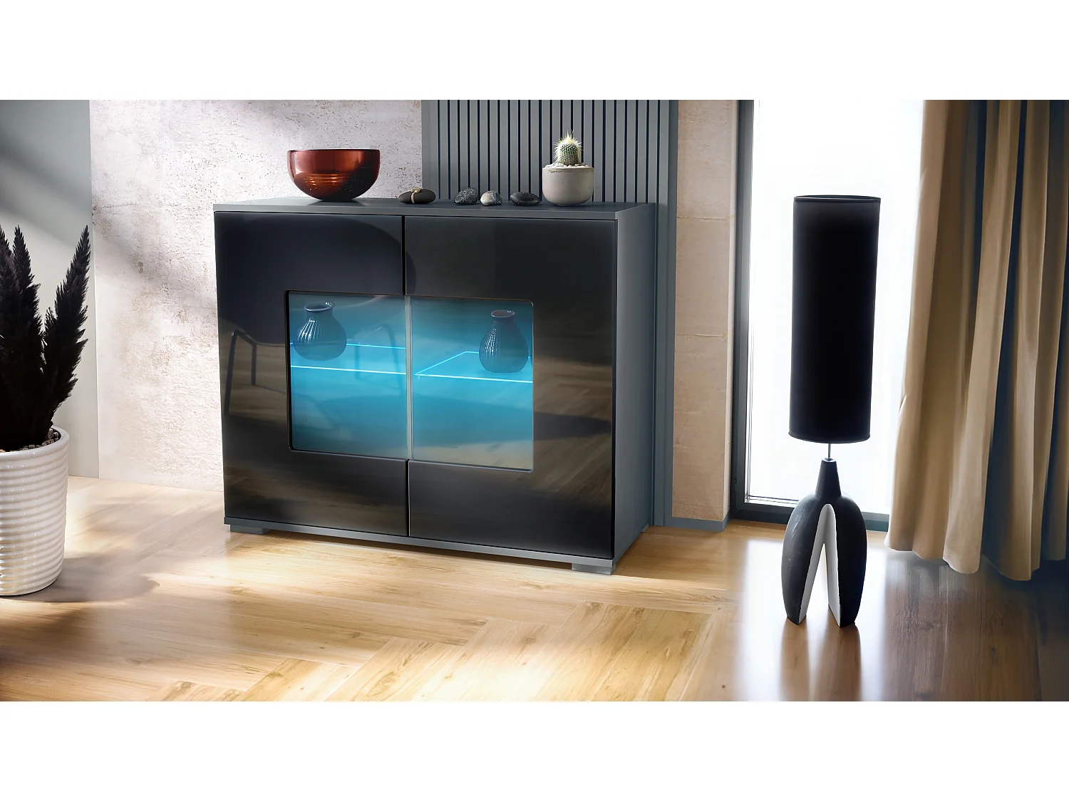 Cómoda Grömitz V3, Moderno armario de cocina con 2 grandes puertas de cristal incl. iluminación RGB antracita mate / negro de alto brillo (92,5 x 75.5 x 35)