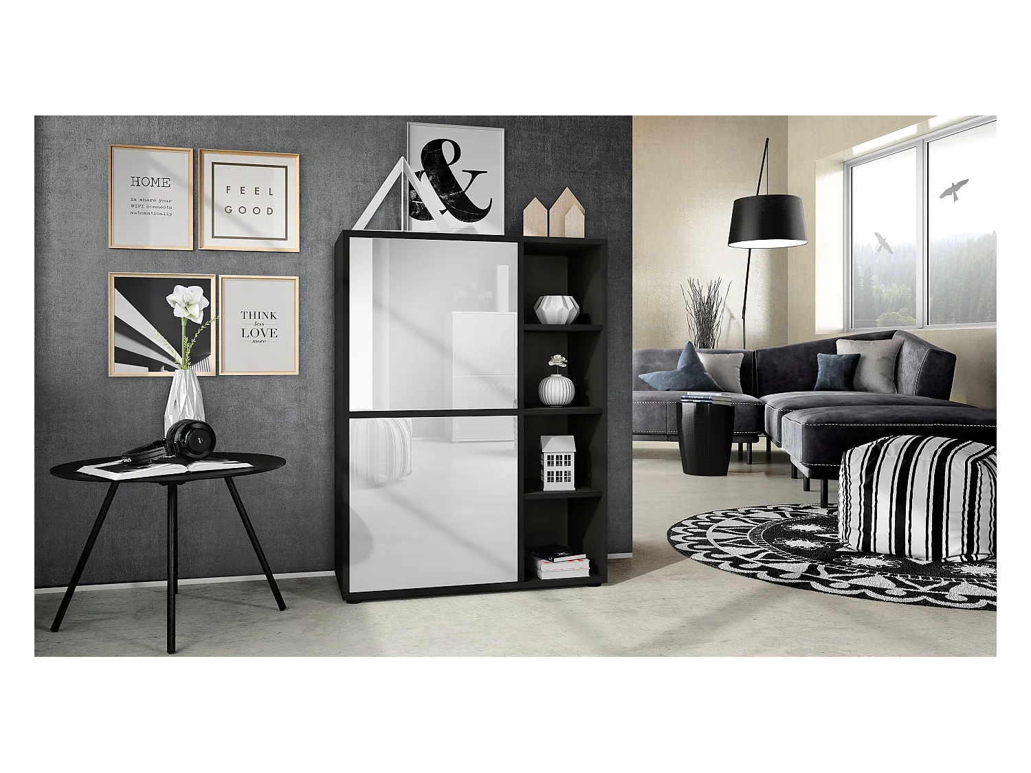 Buffet haut Cuba avec 8 compartiments, caisson en noir mat / Façades en Blanc laqué haute brillance