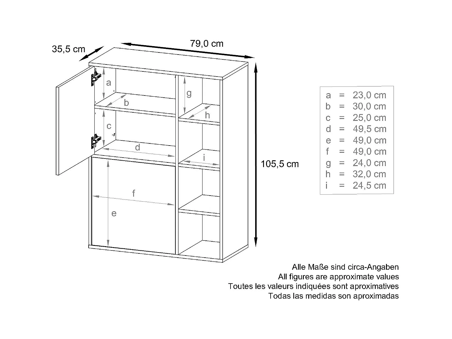 Buffet haut Cuba avec 8 compartiments, caisson en noir mat / Façades en Blanc laqué haute brillance