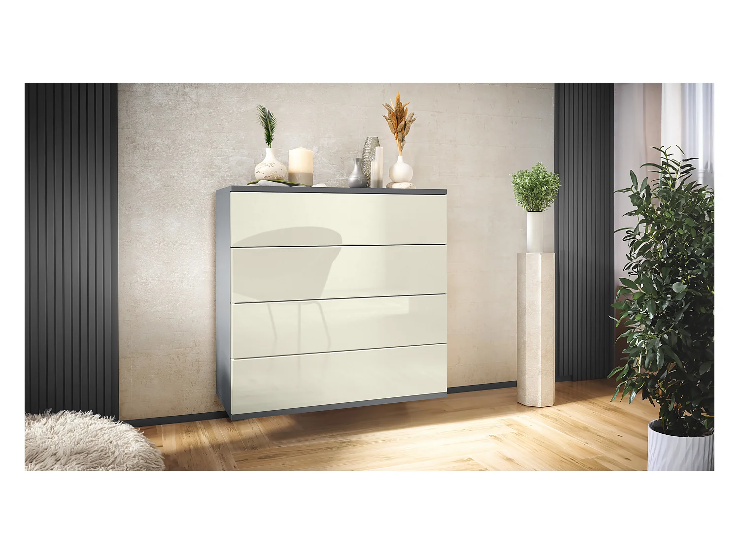 Commode suspendue Pavos V3, Buffet avec 4 tiroirs anthracite mat/crème haute brillance (76 x 76 x 35 cm)