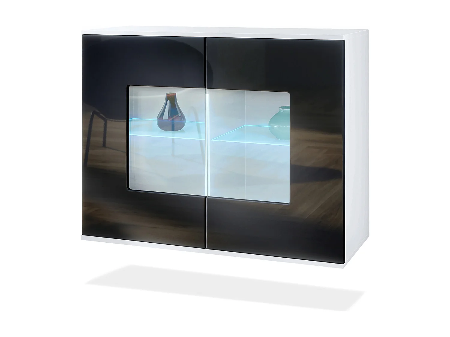 Commode Grömitz V3, Armoire de cuisine moderne avec 2 grandes portes vitrées incl. éclairage RGB blanc mat / noir haute brillance (92,5 x 73.5 x 35)