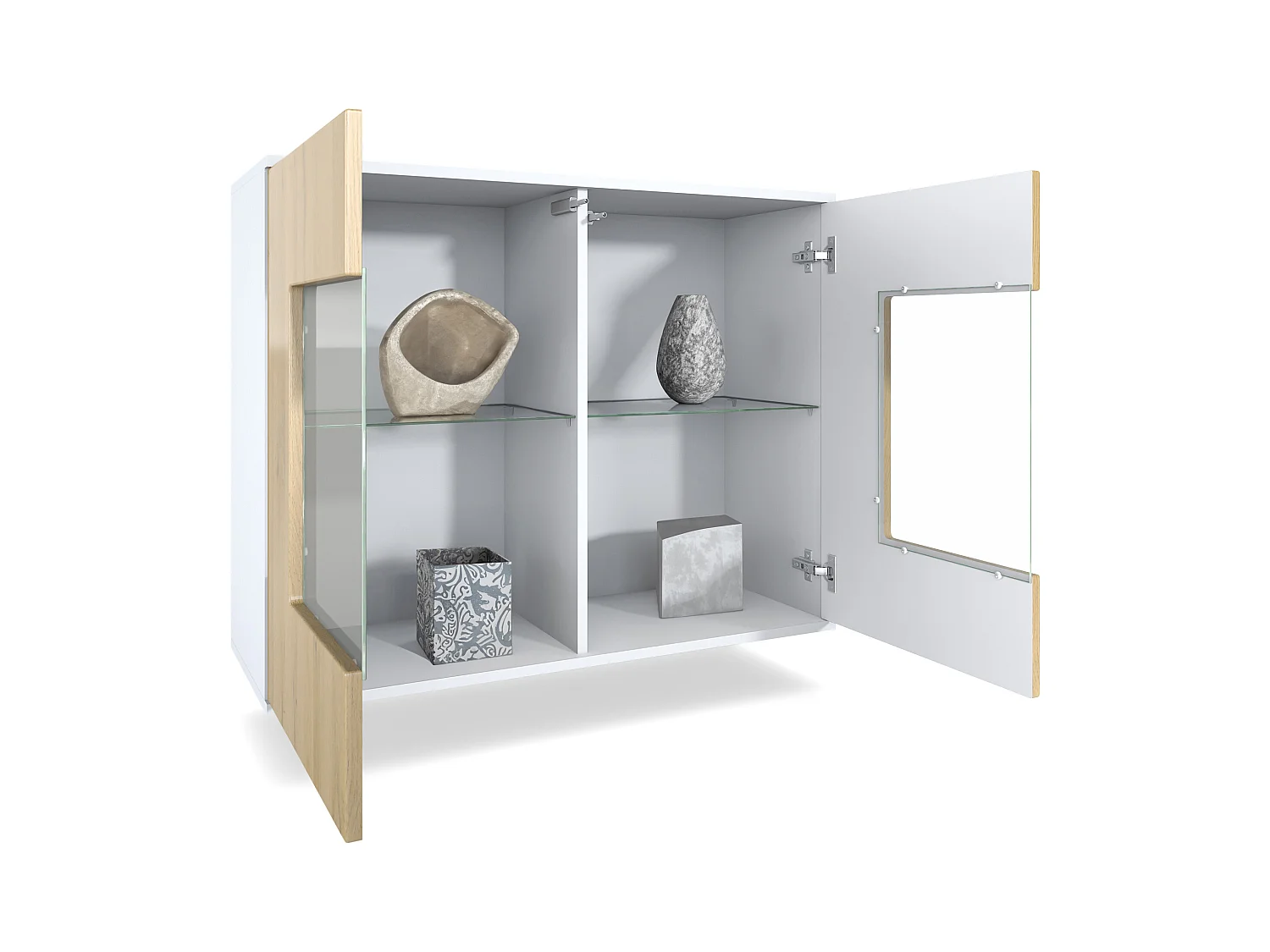 Commode Grömitz V3, Armoire de cuisine moderne avec 2 grandes portes vitrées incl. éclairage RGB blanc mat / noir haute brillance (92,5 x 73.5 x 35)