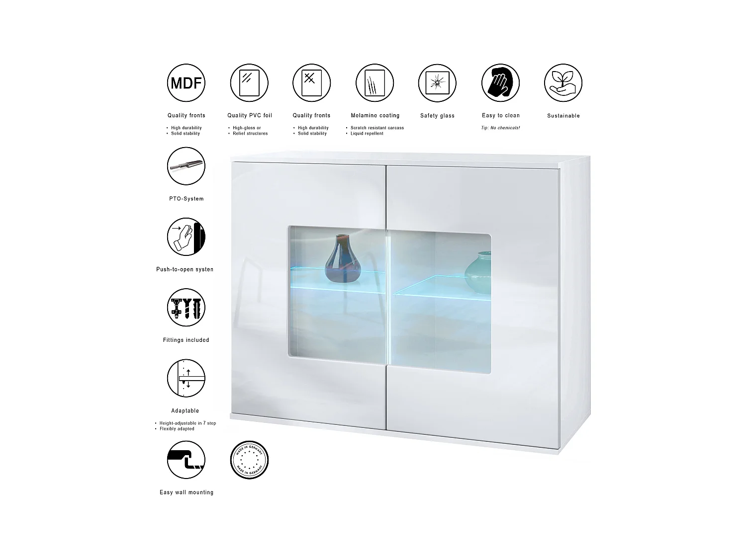 Commode Grömitz V3, Armoire de cuisine moderne avec 2 grandes portes vitrées incl. éclairage RGB blanc mat / noir haute brillance (92,5 x 73.5 x 35)