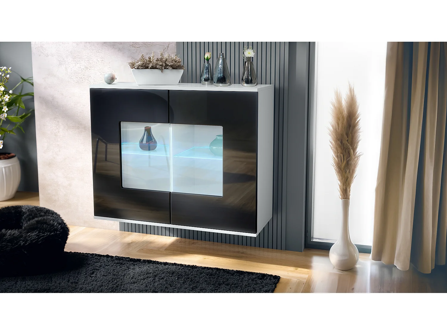 Cómoda Grömitz V3, Moderno armario de cocina con 2 grandes puertas de cristal incl. iluminación RGB blanco mate / negro de alto brillo (92,5 x 73.5 x 35)