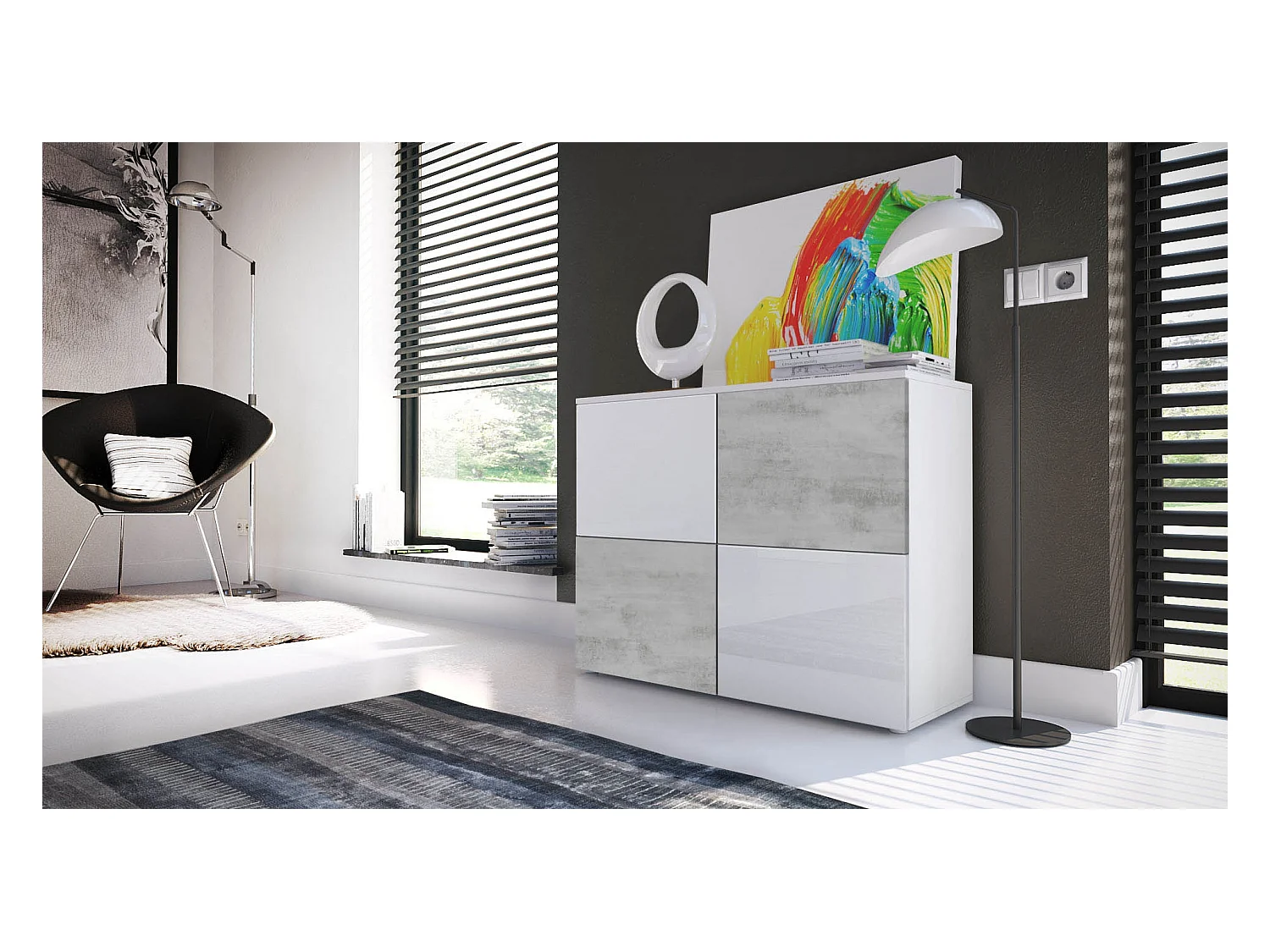 KOMMODE Rova Weiß Hochglanz / Beton Oxid Optik