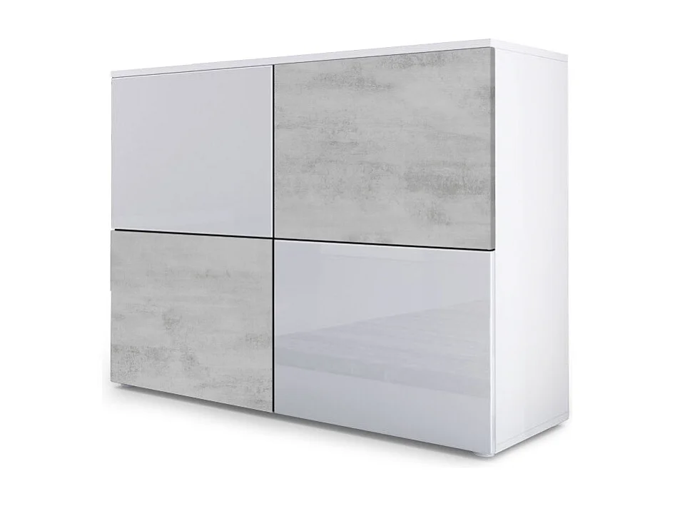 Buffet Rova, Commode avec 4 portes, Blanc mat/Blanc haute brillance/Aspect béton oxyde (92 x 72 x 35 cm)
