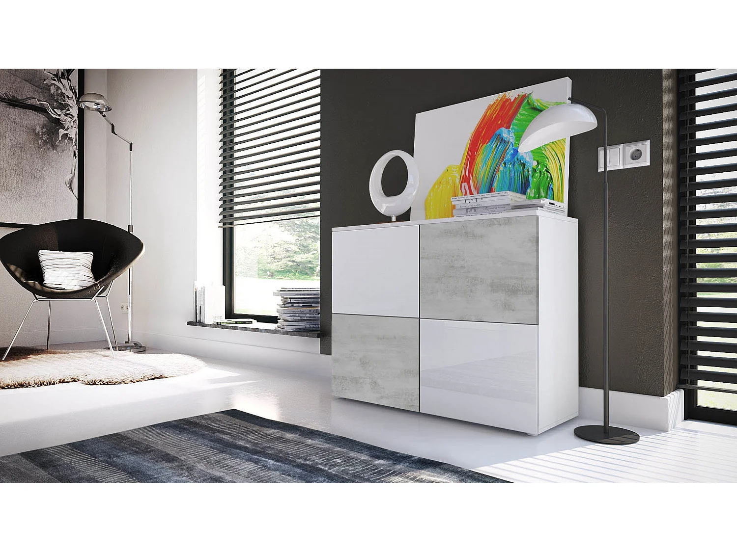 Buffet Rova, Commode avec 4 portes, Blanc mat/Blanc haute brillance/Aspect béton oxyde (92 x 72 x 35 cm)