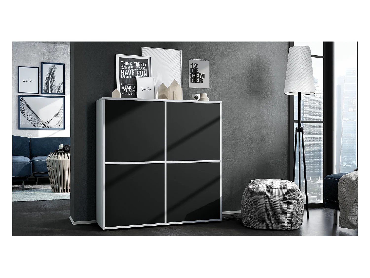 Highboard Cuba V2 Placard 104 x 105,5 x 35,5 cm Buffet à 8 compartiments, caisson en blanc mat / façades en Noir mat