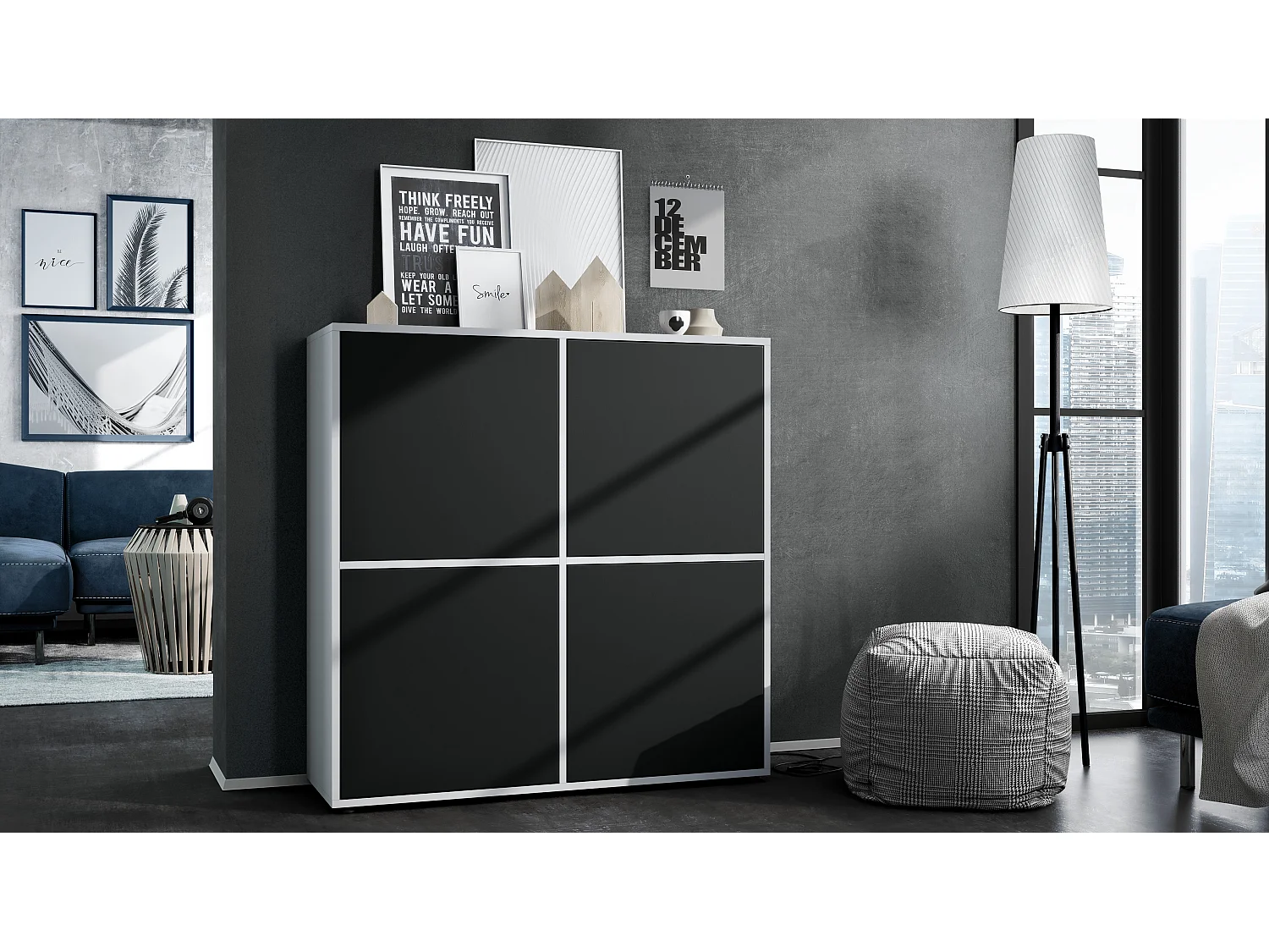 Credenza Cuba V2 Credenza 104 x 105,5 x 35,5 cm Credenza con 8 ripiani, Struttura in bianco opaco / Ante in nero opaco