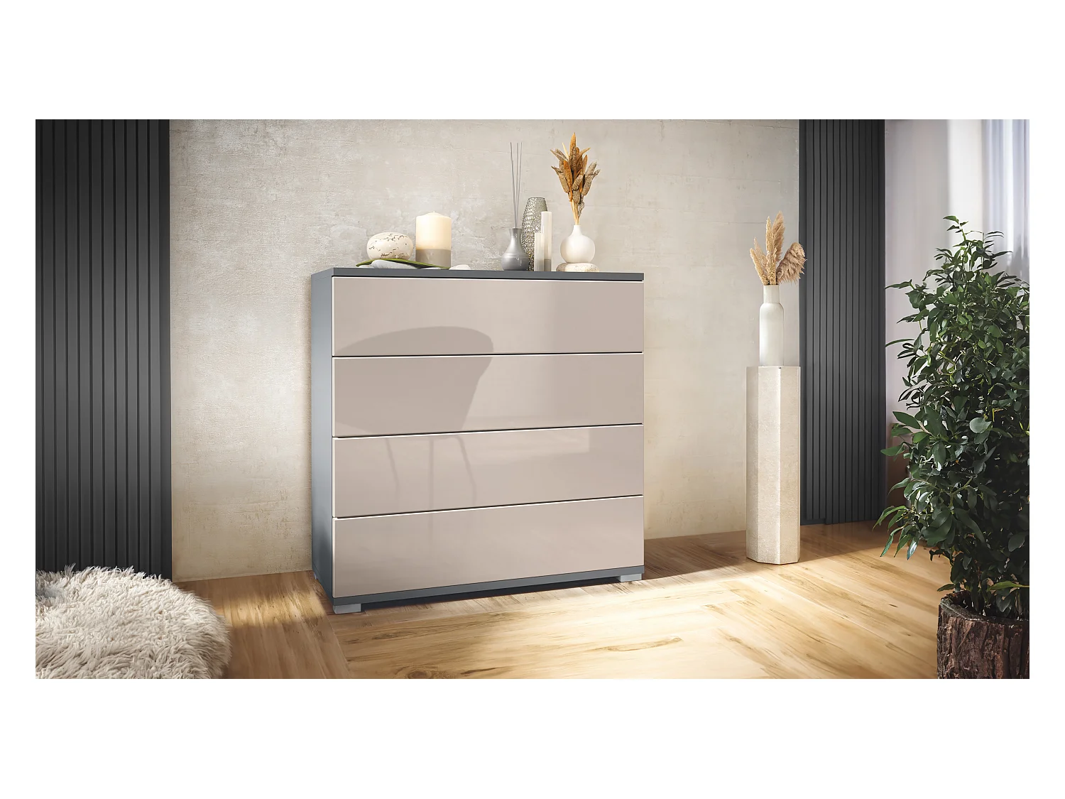 Commode  Pavos V3, Buffet avec 4 tiroirs anthracite mat/gris sable haute brillance (76 x 76 x 35 cm)