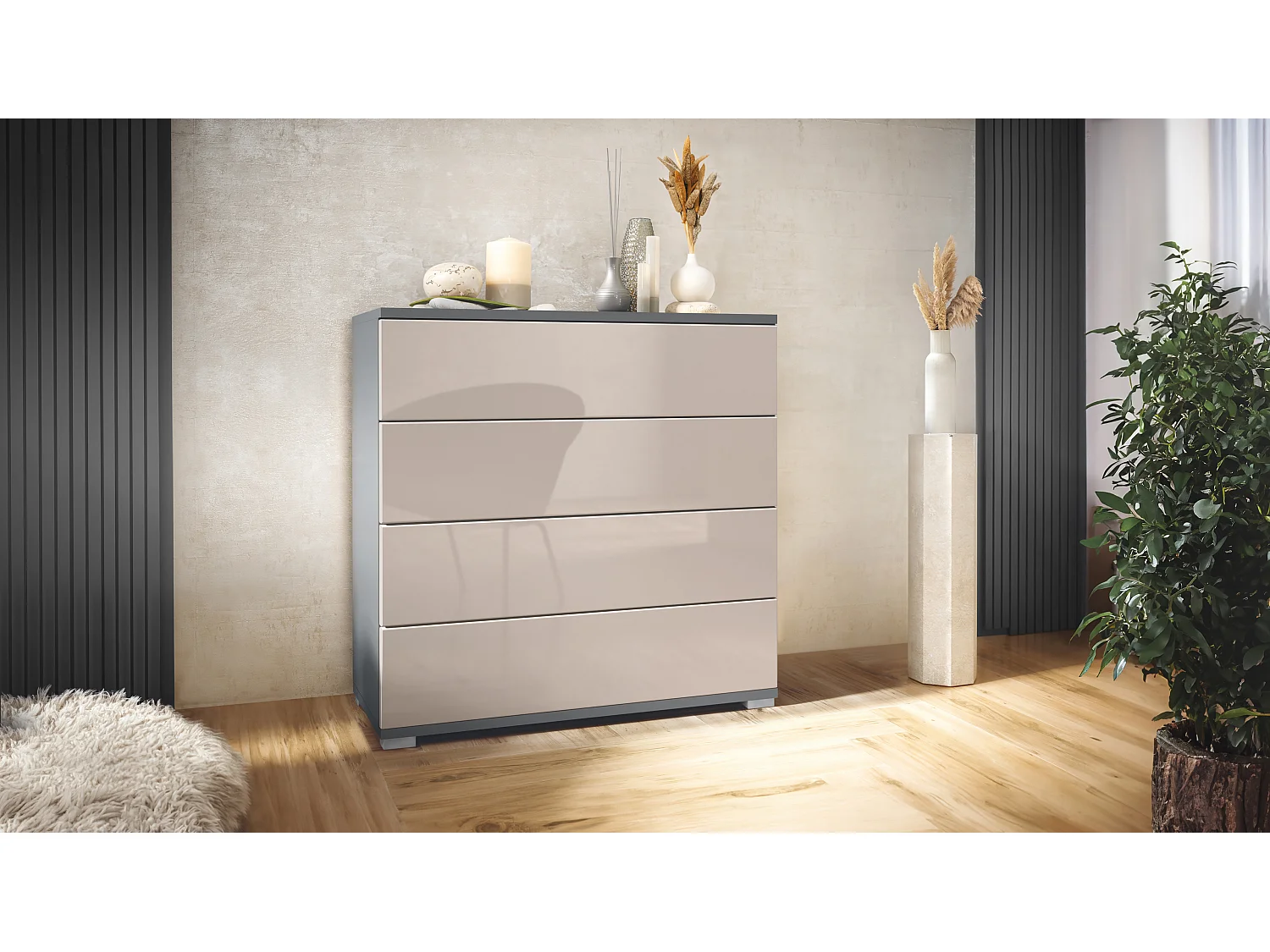 Vladon Cassettiera Pavos V3, Credenza con 4 cassetti antracite opaco /grigio sabbia lucido (76 x 76 x 35 cm)