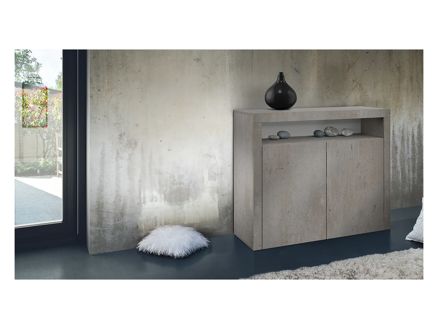 Commode Denver, Buffet avec 2 portes et 1 compartiment ouvert, aspect béton oxyde (107 x 88 x 35 cm)