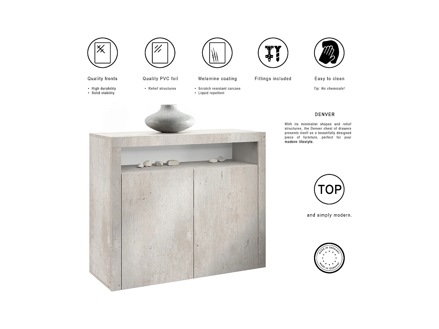 Commode Denver, Buffet avec 2 portes et 1 compartiment ouvert, aspect béton oxyde (107 x 88 x 35 cm)