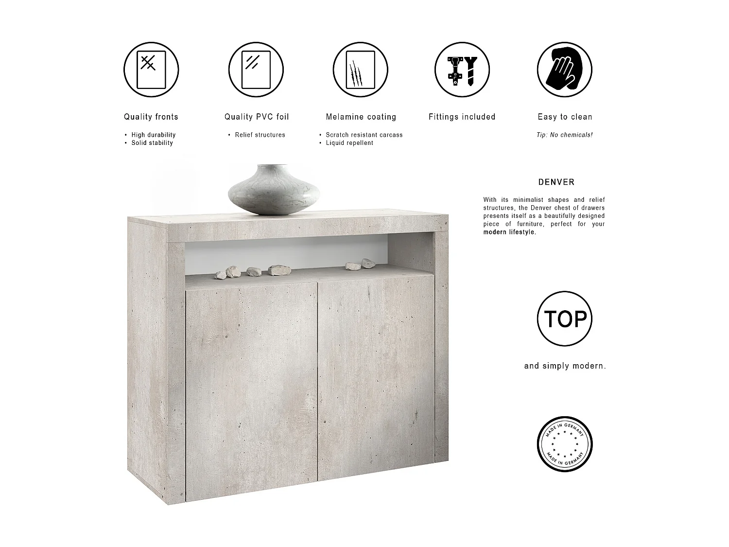 Cassettiera Denver, credenza con 2 ante e 1 vano a giorno, ottica cermento ossido (107 x 88 x 35 cm)