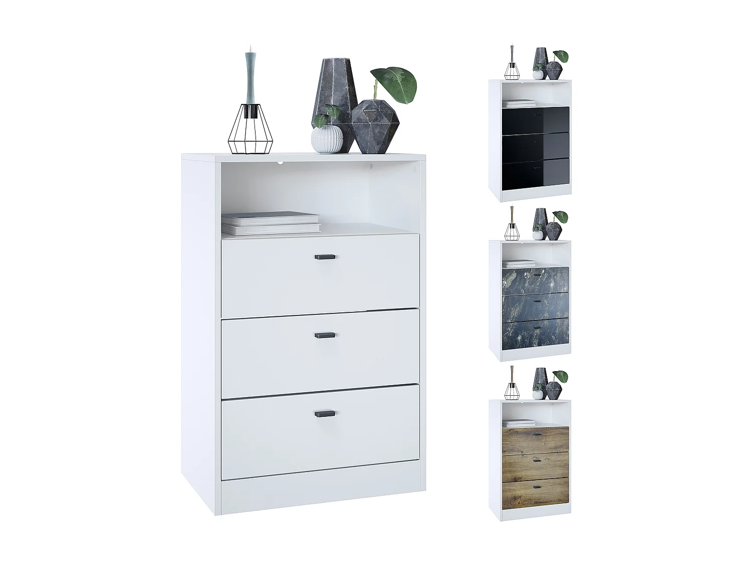 Vladon Set guardaroba Pino V2, 2 pannelli 140 cm e mobiletto con 2 cassetti e 1 vano a giorno, bianco opaco/bianco opaco (56 x 67,5 x 36 cm)