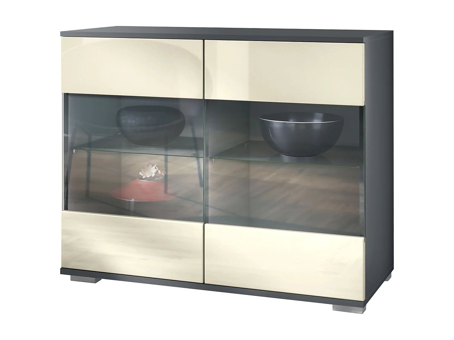 Commode Bari V3, Armoire de cuisine moderne avec 2 grandes portes vitrées anthracite mat / crème haute brillance (92,5 x 75.5 x 35)