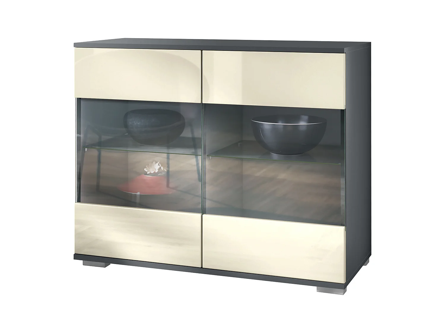 Commode Bari V3, Armoire de cuisine moderne avec 2 grandes portes vitrées anthracite mat / crème haute brillance (92,5 x 75.5 x 35)
