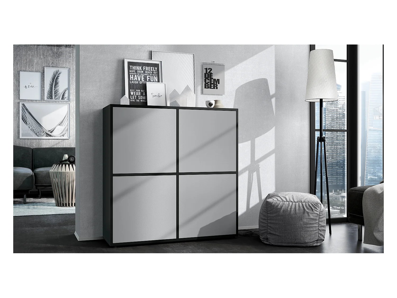 Highboard Cuba V2 Placard 104 x 105,5 x 35,5 cm Buffet à 8 compartiments, caisson en noir mat / façades en Gris clair satiné mat