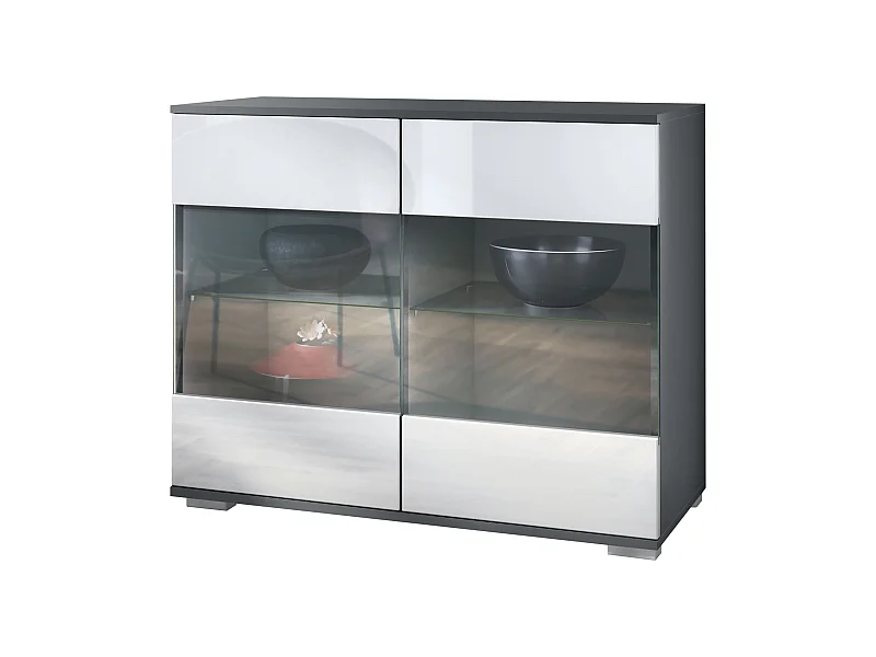 Commode Bari V3, Armoire de cuisine moderne avec 2 grandes portes vitrées anthracite mat / blanc haute brillance (92,5 x 75.5 x 35)