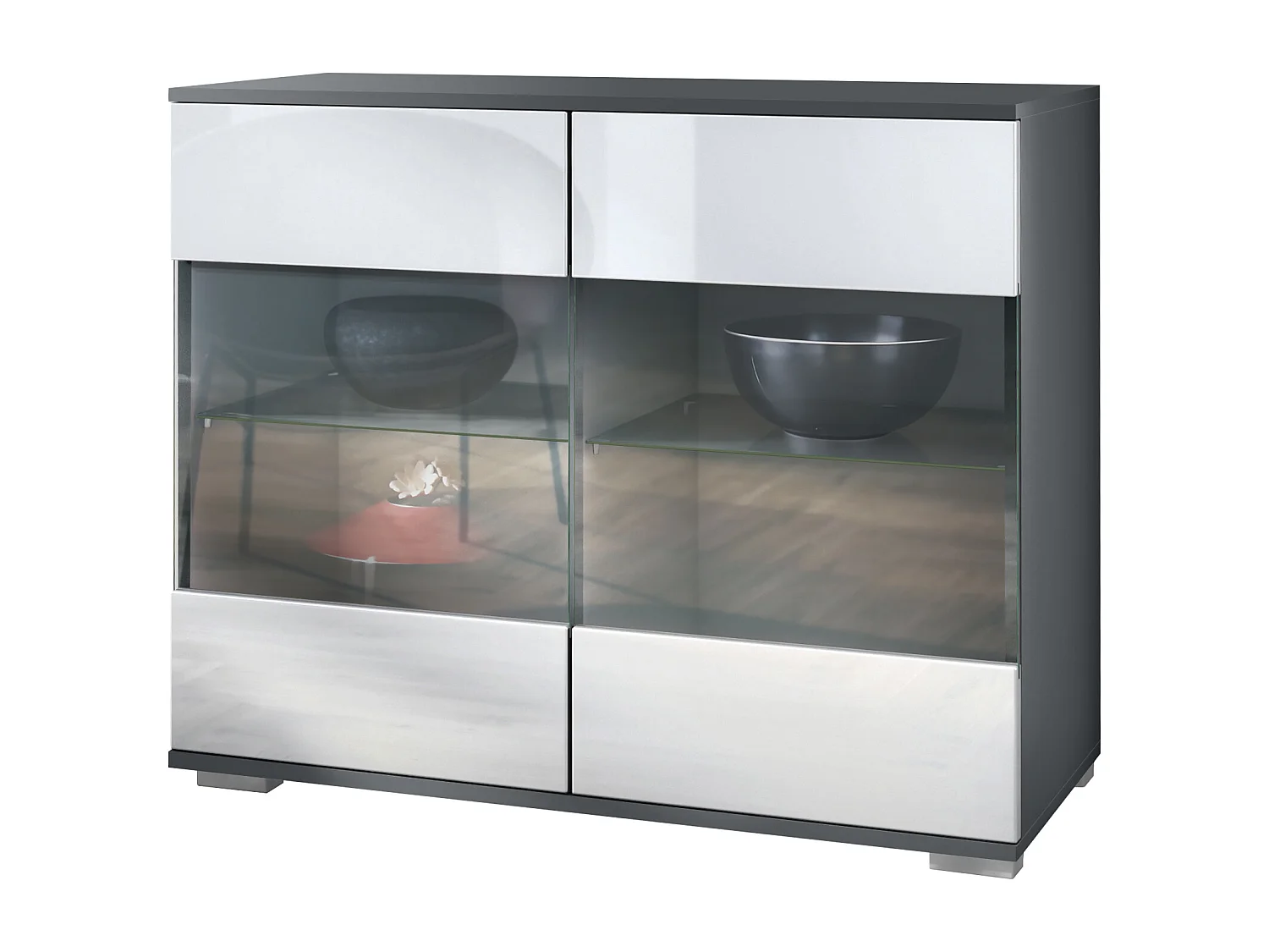 Commode Bari V3, Armoire de cuisine moderne avec 2 grandes portes vitrées anthracite mat / blanc haute brillance (92,5 x 75.5 x 35)