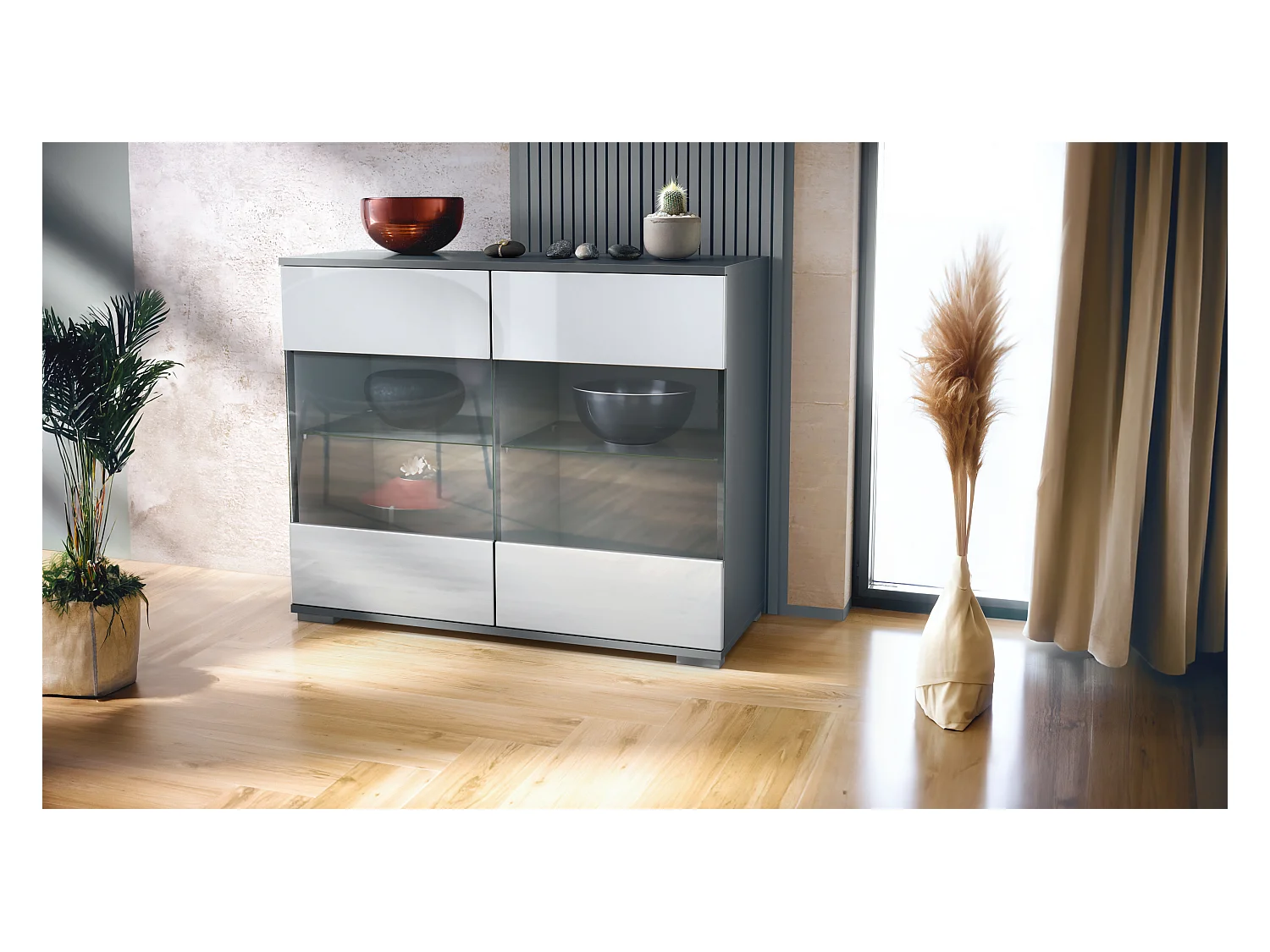 Commode Bari V3, Armoire de cuisine moderne avec 2 grandes portes vitrées anthracite mat / blanc haute brillance (92,5 x 75.5 x 35)