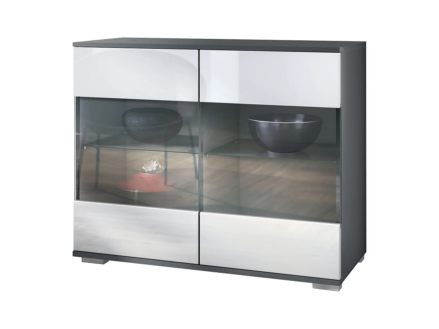 Commode Bari V3, Armoire de cuisine moderne avec 2 grandes portes vitrées anthracite mat / blanc haute brillance (92,5 x 75.5 x 35)