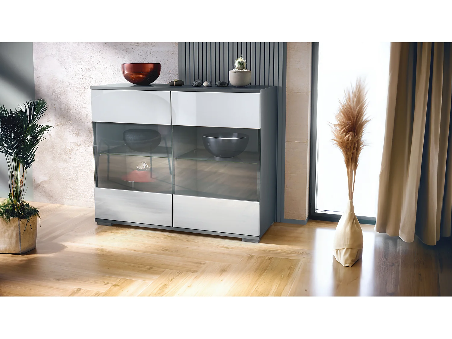 Cassettiera Bari V3, Mobile da cucina moderno con 2 grandi ante in vetro antracite opaco  / bianco lucido (92,5 x 75.5 x 35)