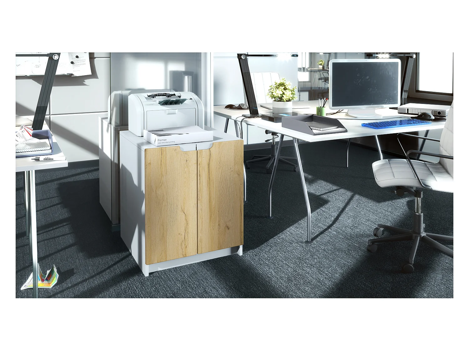 commode d'imprimante Logan, armoire à dossiers avec 2 compartiments et 2 portes, corps blanc mat, façades chêne nature, (51 x 60,5 x 54 cm)