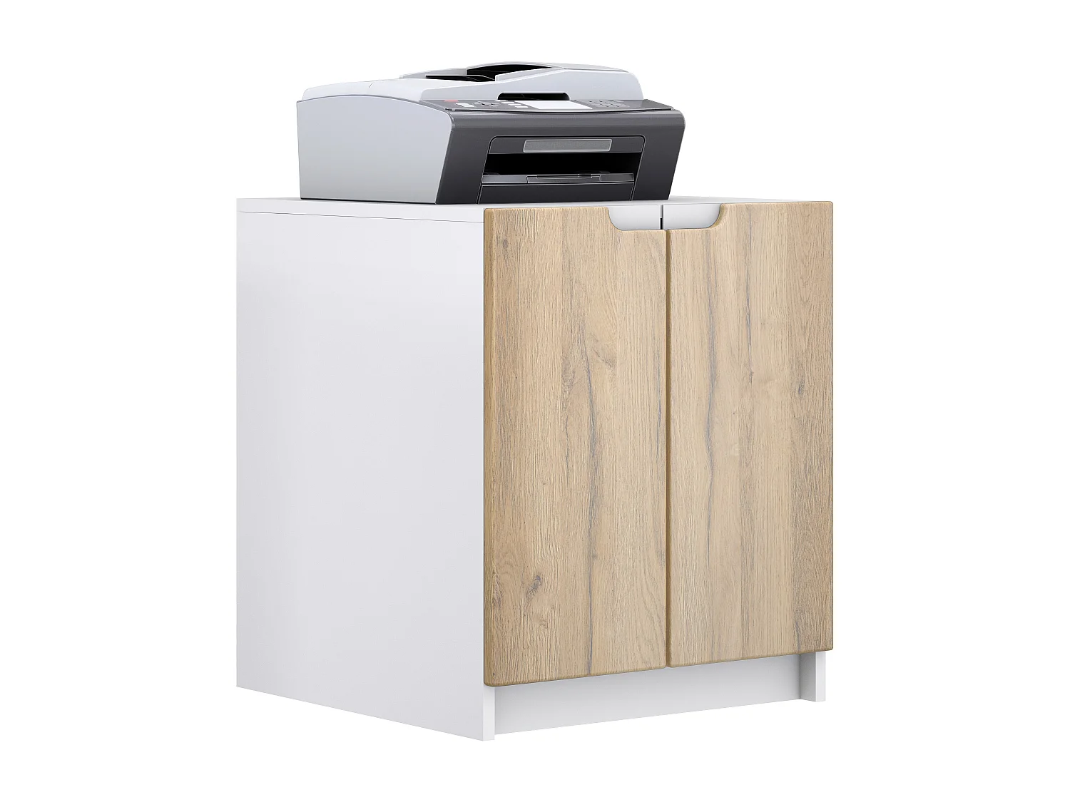commode d'imprimante Logan, armoire à dossiers avec 2 compartiments et 2 portes, corps blanc mat, façades chêne nature, (51 x 60,5 x 54 cm)