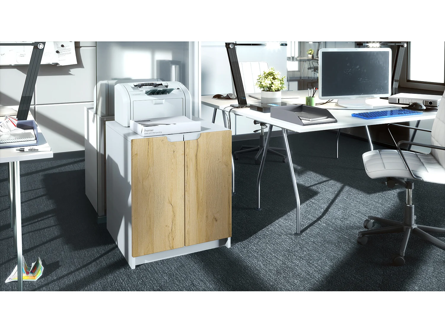 commode d'imprimante Logan, armoire à dossiers avec 2 compartiments et 2 portes, corps blanc mat, façades chêne nature, (51 x 60,5 x 54 cm)